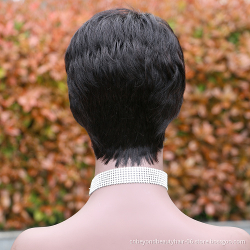 Human Hair Short Pixie Cut Wigs with Bangs Short Black Layered Wavy Wigs for Women Finer wave Hair Wig